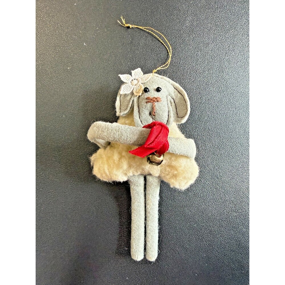 Vtg Handmade Christmas Tree Ornament Wool & Felt Dog Puppy Bell Rustic Holiday
